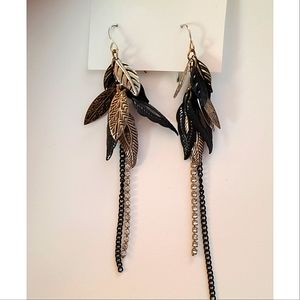 Black & Gold Feather Dangle Earrings